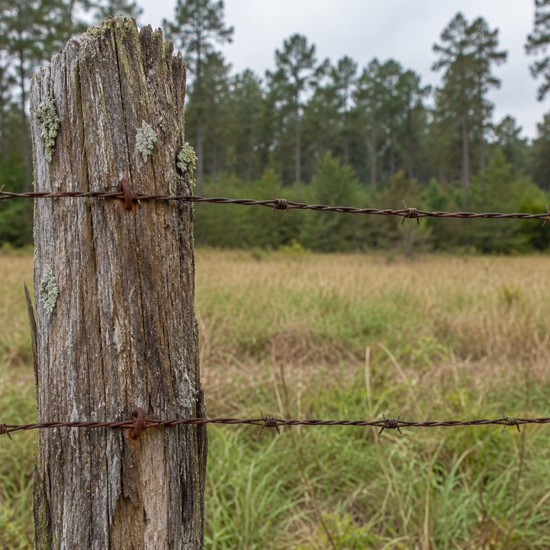An old cedar fence post with barbed wire